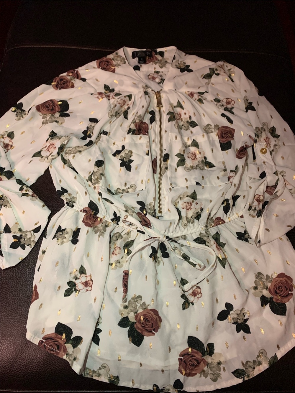 Ladies J For Justify Sheer Floral Blouse White Rose Gold w/ 10" Zipper in Front